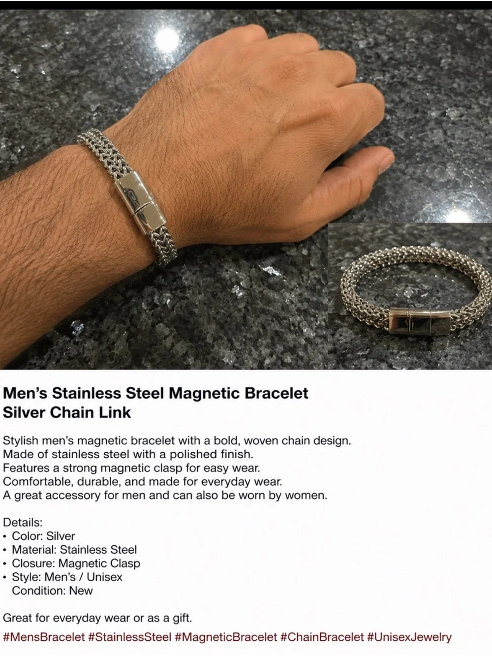 Men's Stainless Steel Woven Magnetic Bracelet - Silver